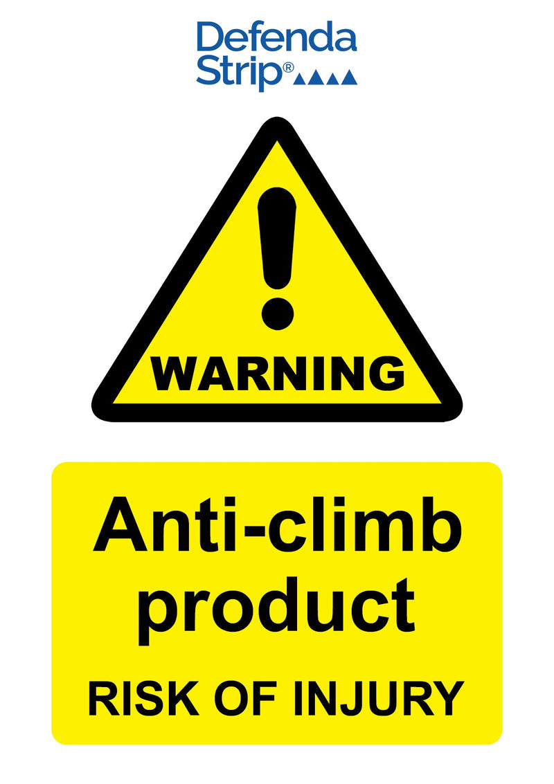 Image of DefendaStrip warning sign A6 size black text yellow warning triangle;